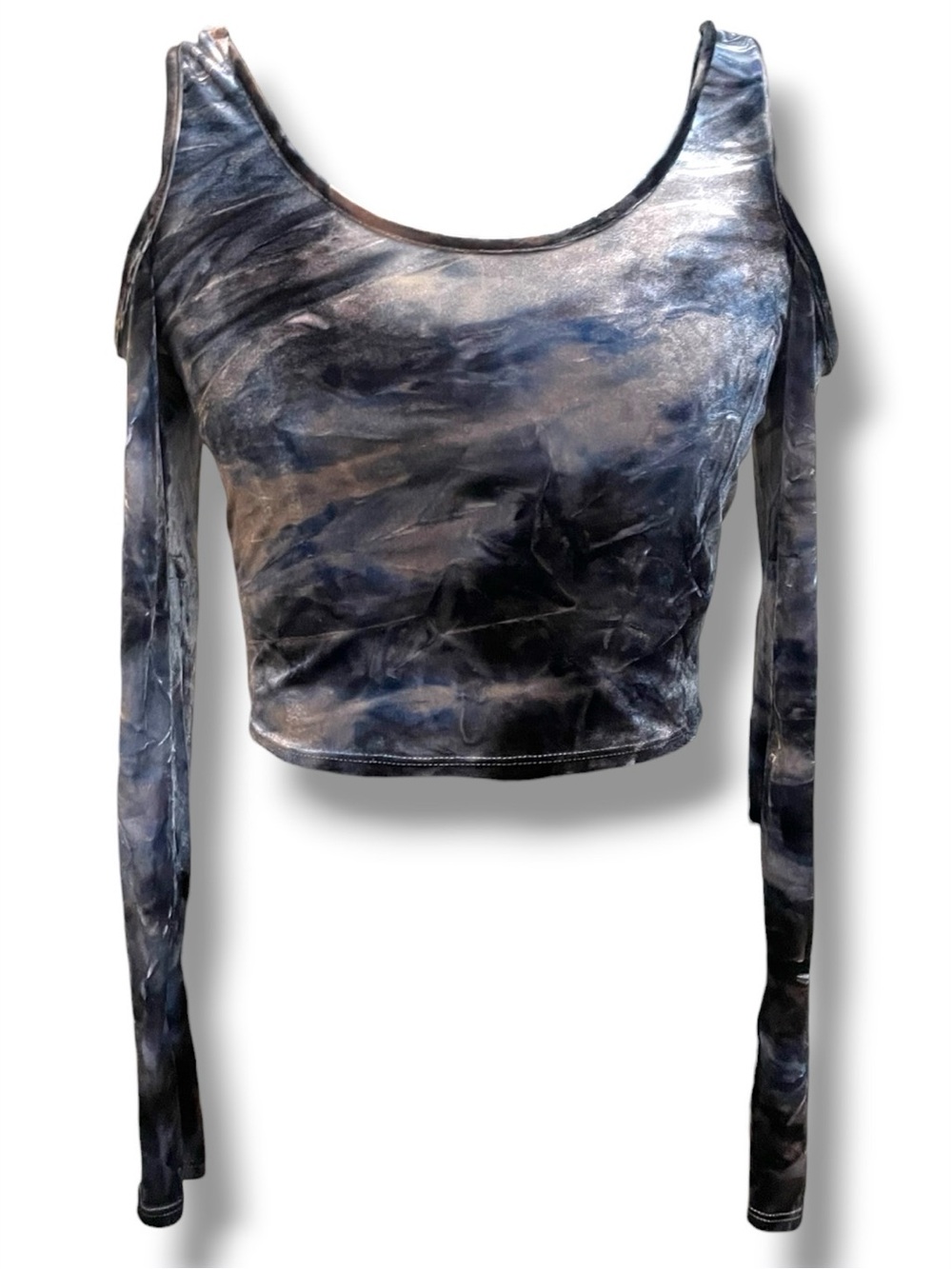 Tie-Dye Velvet Cold Shoulder Long Sleeve Crop Top - Blue/Gray
